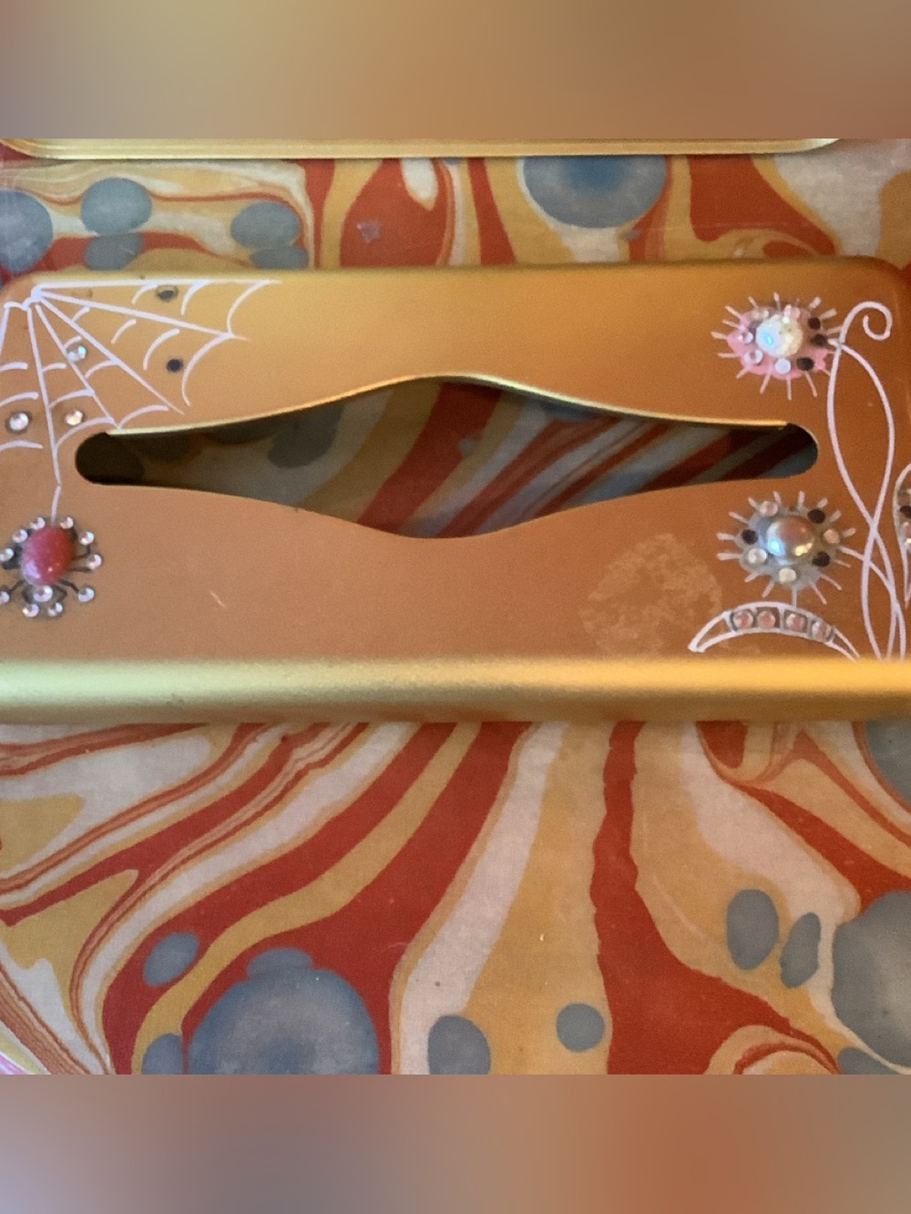 Vintage Ransburg Gold Tone Metal Tissue Box Holder Rhinestone Spiders and Web - Picture 3 of 9